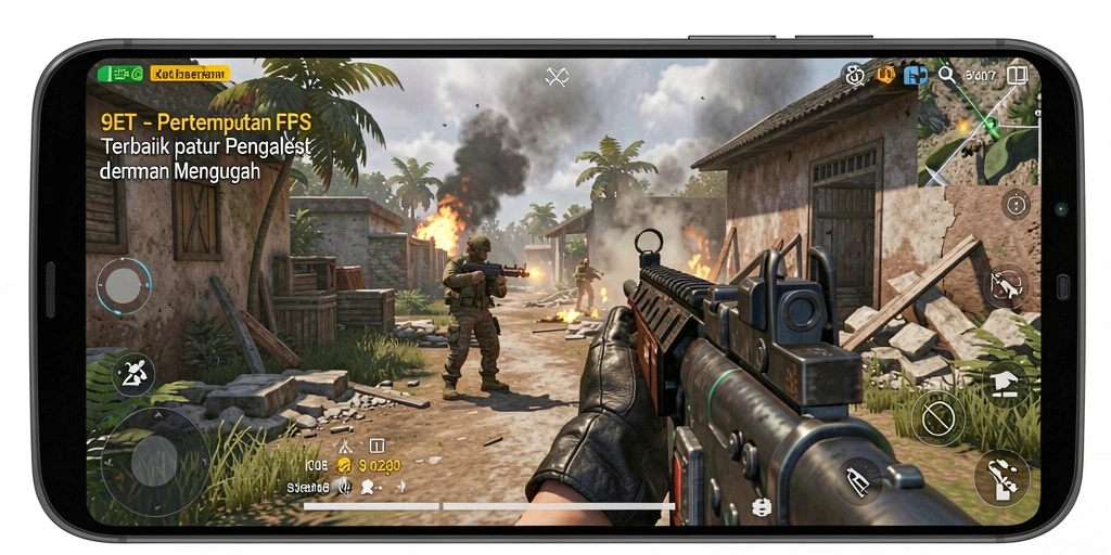 Tangkapan layar dari gameplay seru 9ET menunjukkan aksi pertempuran FPS yang intens.