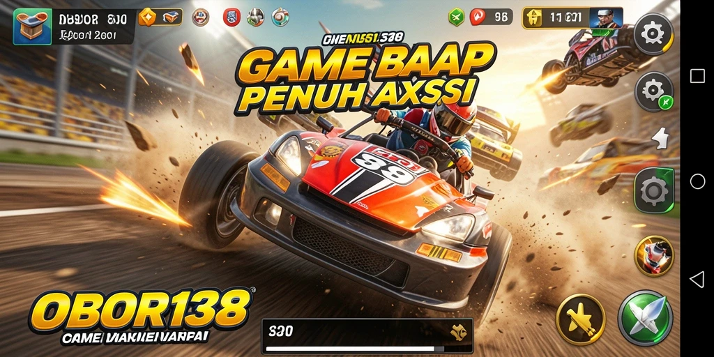 Tampilan mendebarkan dari gameplay balapan OBOR138 dengan mobil melaju kencang.