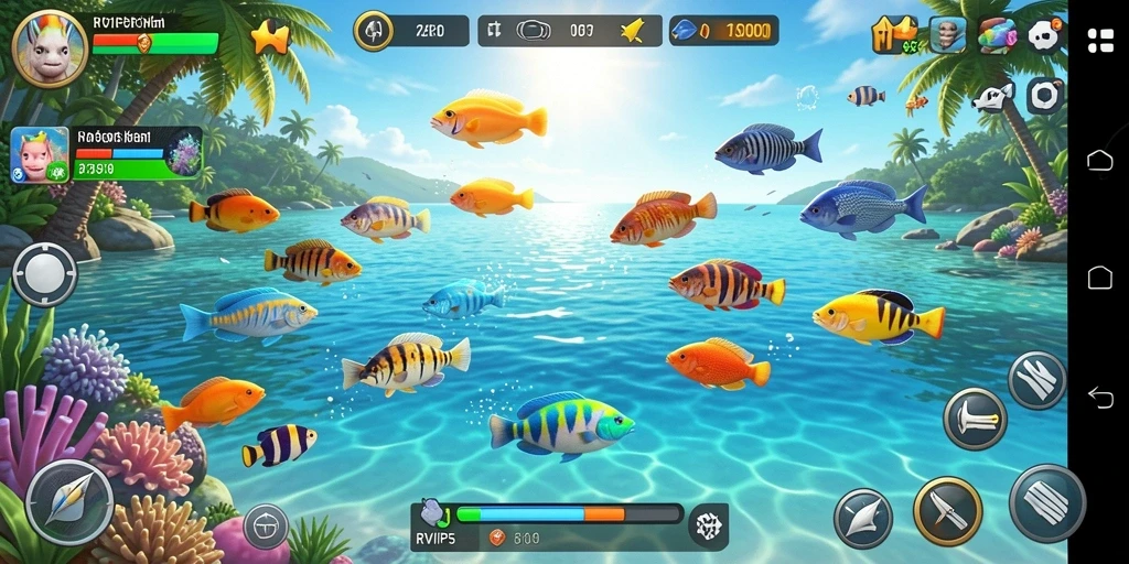 Screenshot gameplay RVIP5 yang menunjukkan aksi menembak ikan.